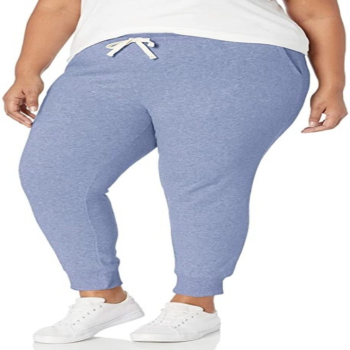 a model in the joggers in periwinkle blue