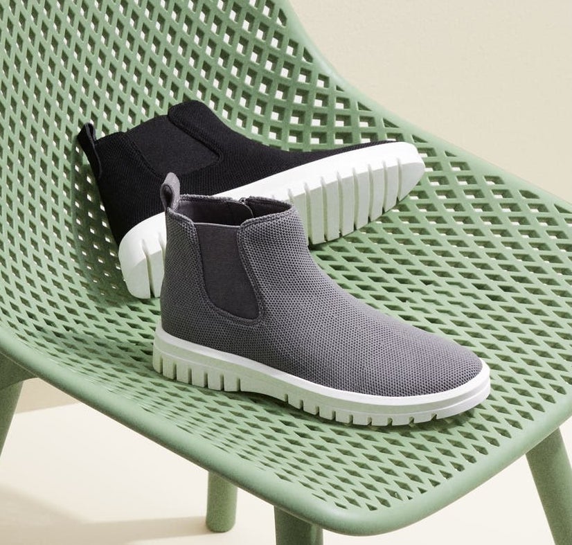 the bootie with white chunky sole and knit panel on either side in grey and black