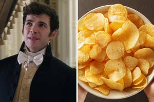 On the left, Luke Newton as Colin in "Bridgerton," and on the right, a bowl of potato chips