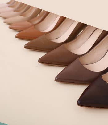 the nine different nude colored heels in a line