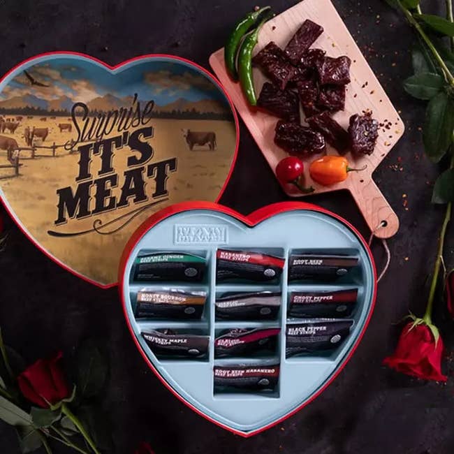 heart shaped box with individually packaged jerky 