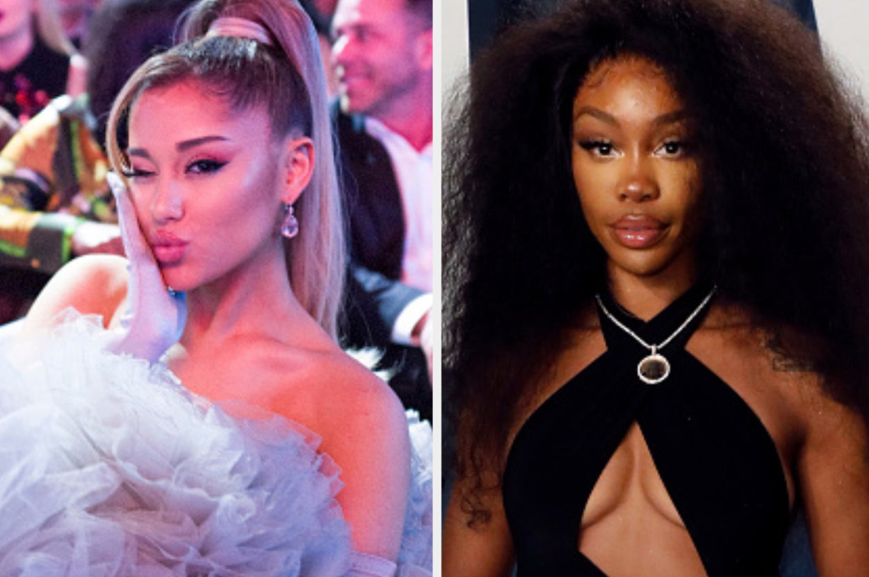 Ariana Grande is on the left winking with SZA on the right posing at an event