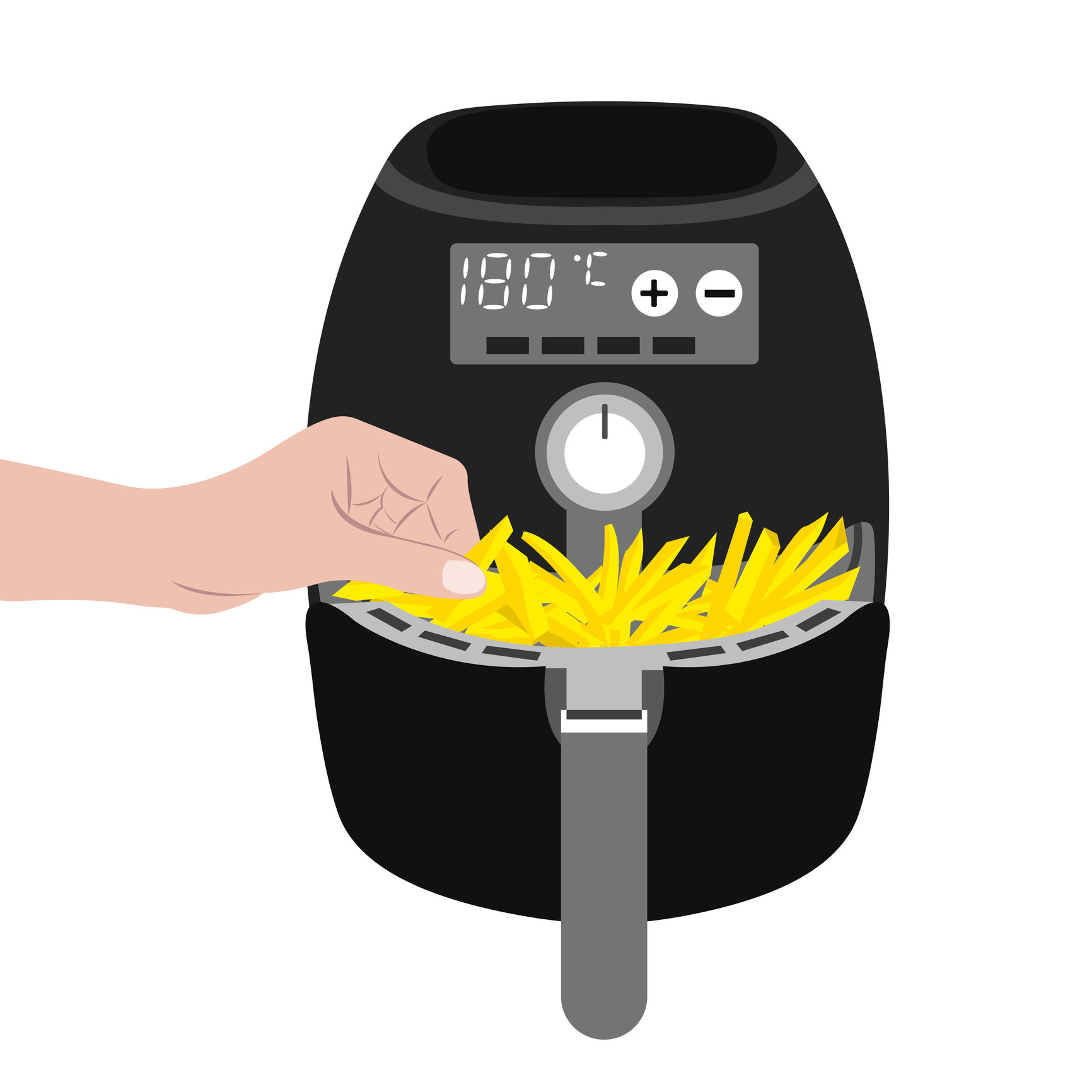 An illustrated air fryer with a basket filled with fries
