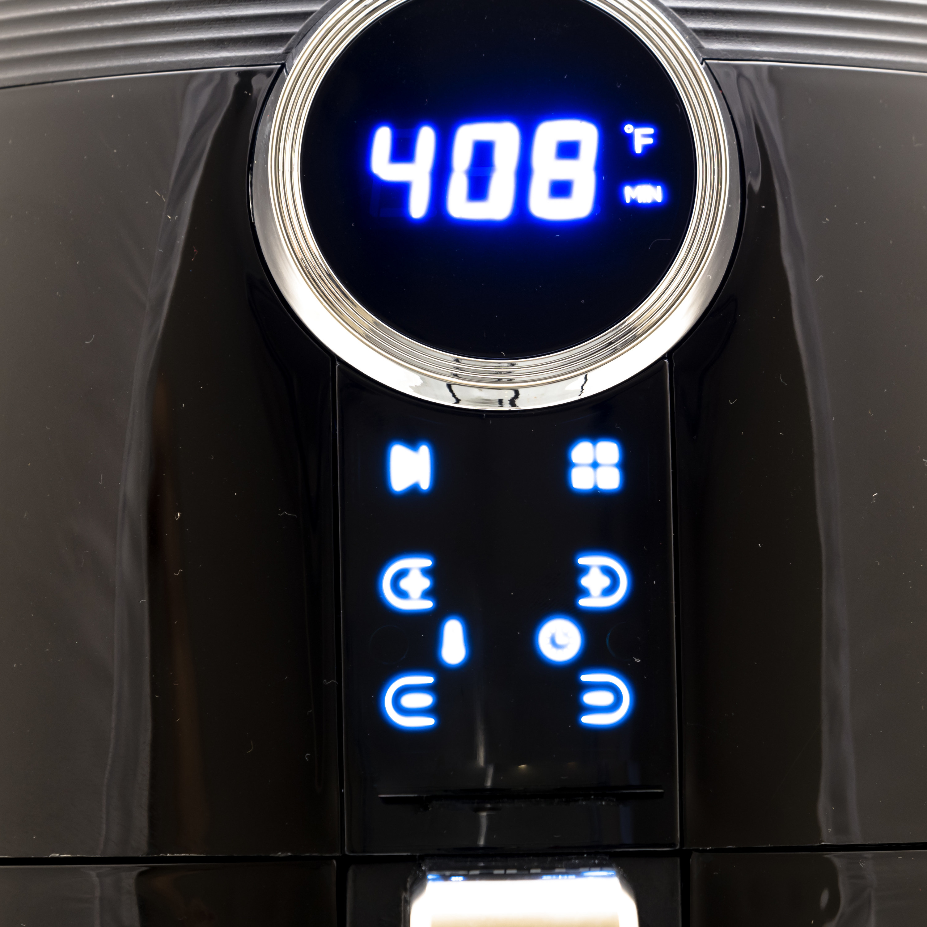 An air fryer that reads 408 degrees Fahrenheit 