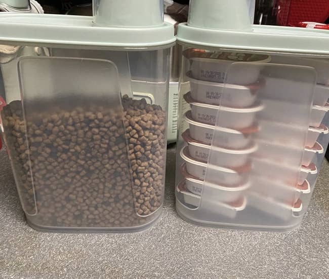 reviewer photo of two containers full of dog kibble and individual wet food tubs
