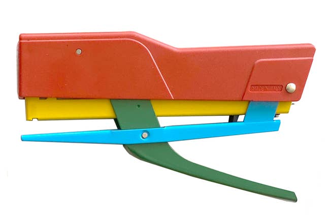 The red, yellow, blue, and green stapler