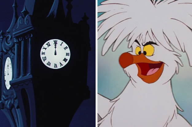 Side-by-side images of Cinderella's clock tower and Scuttle from