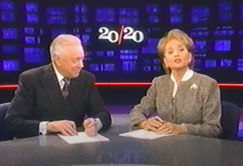 Hugh Downs and Barbara Walters sitting at the 20/20 news desk