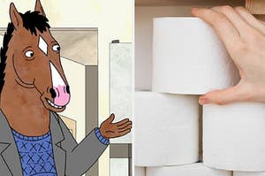 BoJack Horsmen is on the left with his hand out and a woman grabbing a roll of toilet paper on the right