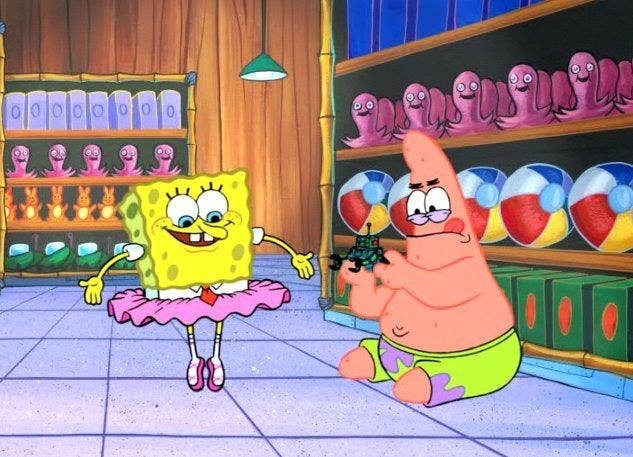 Spongebob in a tutu and Patrick playing with a robot
