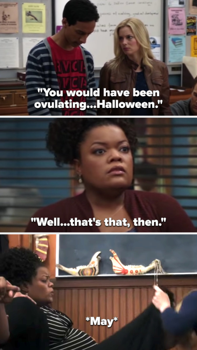 Shirley realizing she&#x27;s pregnant around Halloween because Ahbed says she was ovulating then, then giving birth in May