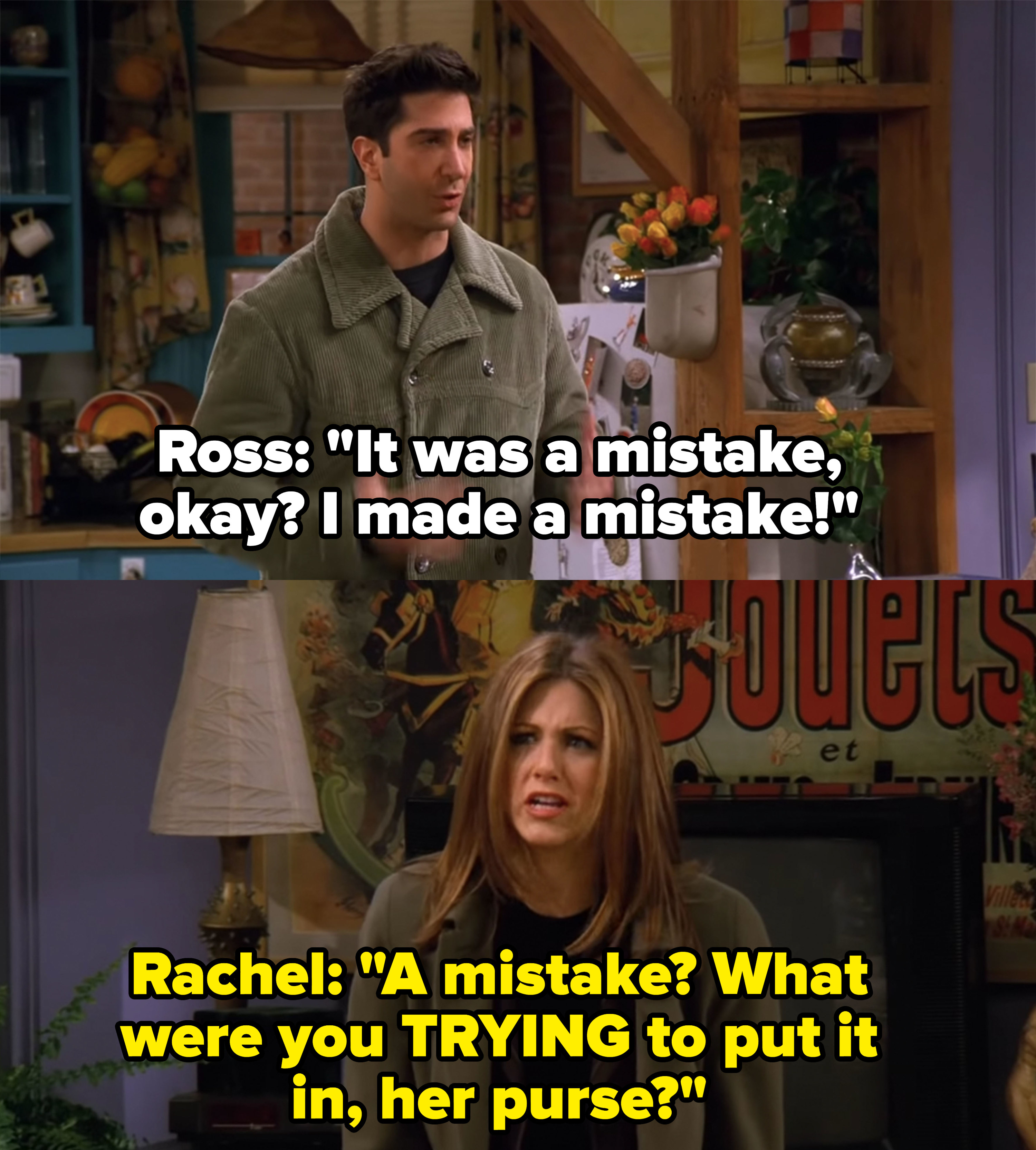 Ross: &quot;It was a mistake&quot; Rachel: &quot;A mistake? What were you trying to put it in, her purse?&quot;