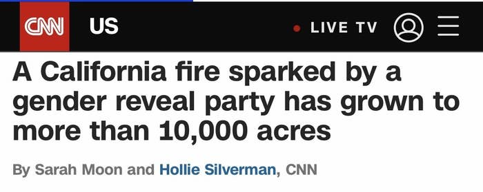 A CNN story about a wildfire causes by a gender reveal party