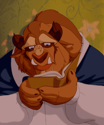 Beast from &quot;Beauty and the Beast&quot; looking skeptically at opposite pages of a book