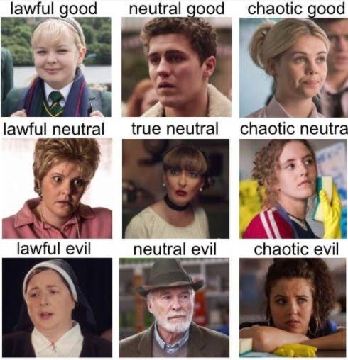 A meme designated Clare as lawful good, James as neutral good, Erin as chaotic good, Mary as lawful neutral, Sarah as true neutral, Orla as chaotic neutral, Sister Michael as lawful evil, Granda as neutral evil, Michelle as chaotic evil 