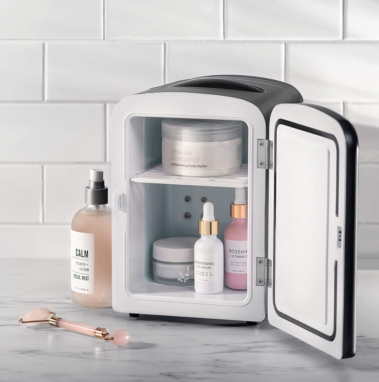 Skincare inside the mini fridge