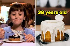 Matilda is on the left eating a fancy treat with icing being poured on a cake labeled, "38 years old"