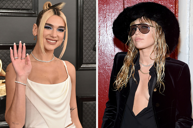 Dua Lipa is on the left waving with Miley Cyrus on the right posing in a hat