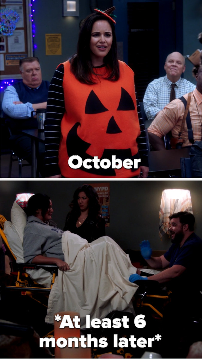 Amy heavily pregnant at Halloween in a pumpkin costume, then giving birth at least 6 months later