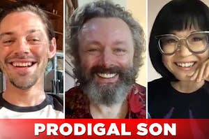 Tom Payne, Michael Sheen, and Keiko Agena posing for a thumbnail 