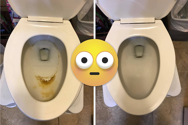 L: Toilet bowl with brown hard water stains R: The same toilet bowl looking clean after being polished with a pumice stone