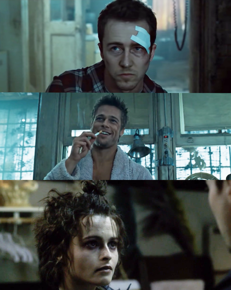 Edward Norton, Brad Pitt, and Helena Bonham Carter as the Narrator, Tyler Durden, and Marla Singer respectively in the movie &quot;Fight Club.&quot;