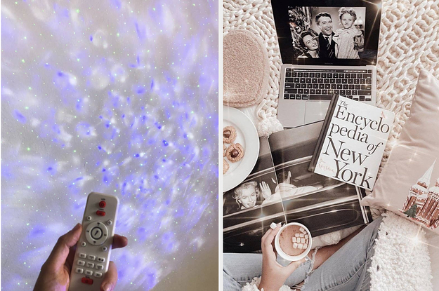left image: star projector light, right image: flatlay featuring encyclopedia of new york book
