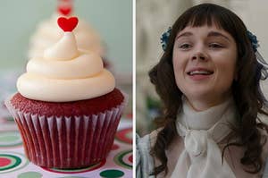 On the left, a red velvet cupcake with a heart sprinkle on top, and on the right, Claudia Jessie as Eloise on "Bridgerton"