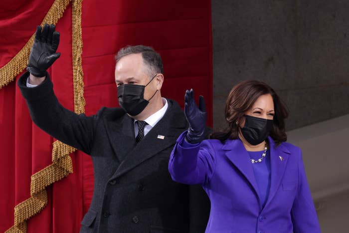 Doug and Kamala wave at the inauguration