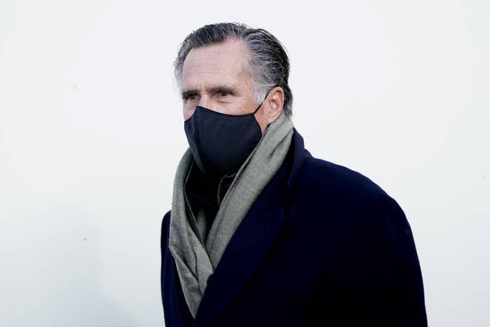 Mitt Romney wearing a black face masks as he arrives at for the inauguration of Joe Biden as the 46th US President.