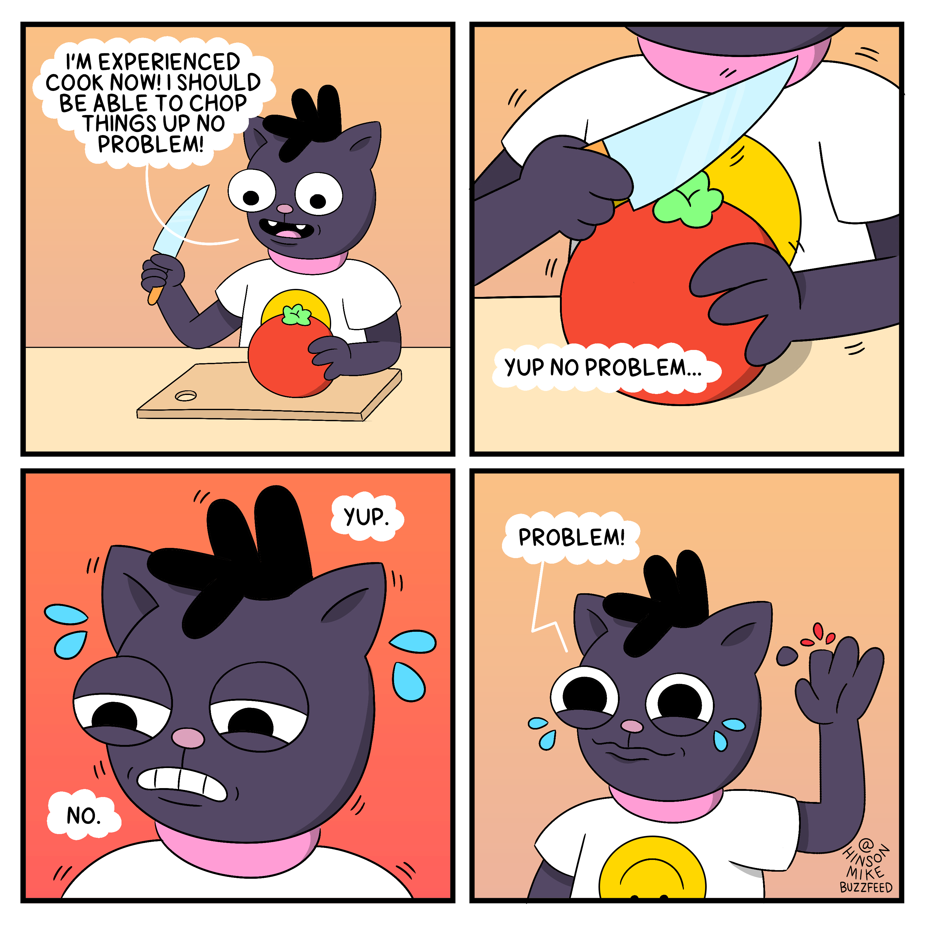 A cartoon of a cat trying to cut a tomato with a knife, but cuts finger instead while crying