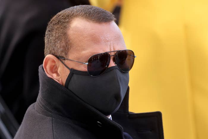 Former baseball player Alexander Rodriguez wearing a black face mask and sunglasses at the the inauguration of President Joe Biden.