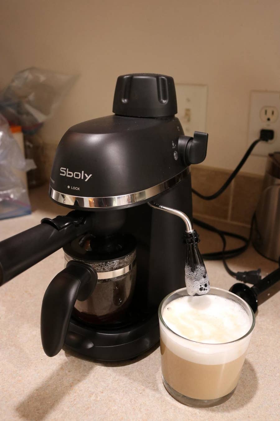 Sboly Single Serve Coffee Maker with Milk Frother , Cappuccino and Latte  Machine , Brew Size 6-14oz , Black 
