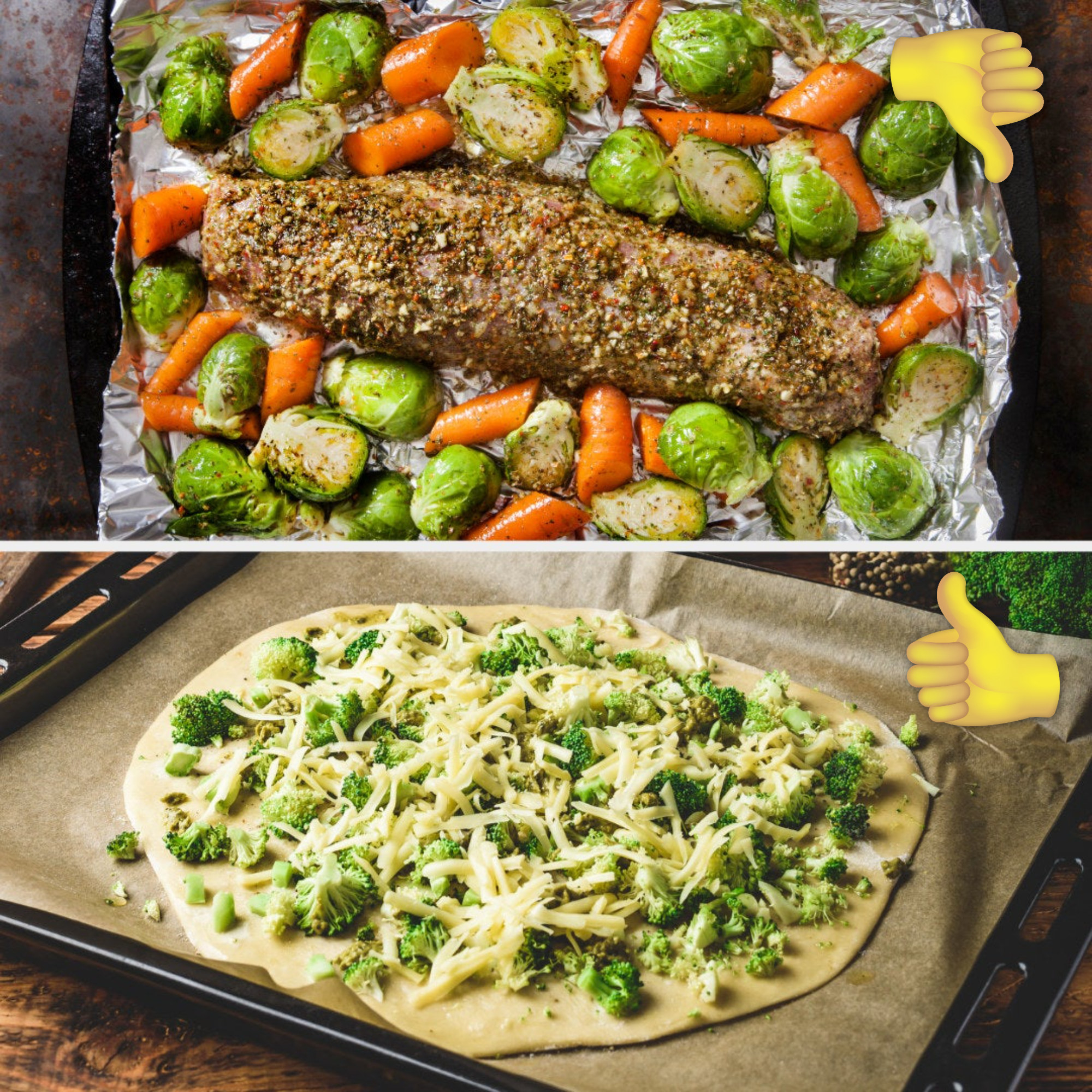 Raw garlic and herb pork with Brussels sprout and carrots on a baking sheet with tin foil; raw pizza with cheese and broccoli on baking sheet with parchment paper