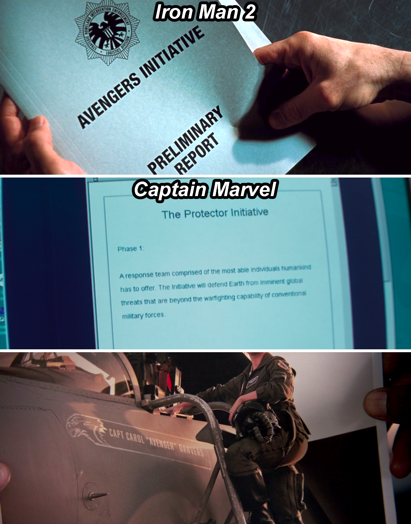 A folder in Iron Man 2 that says The Avengers Initiative, a document in Captain Marvel that describes The Protector Initiative, and Carol in front of her plane that says Avenger