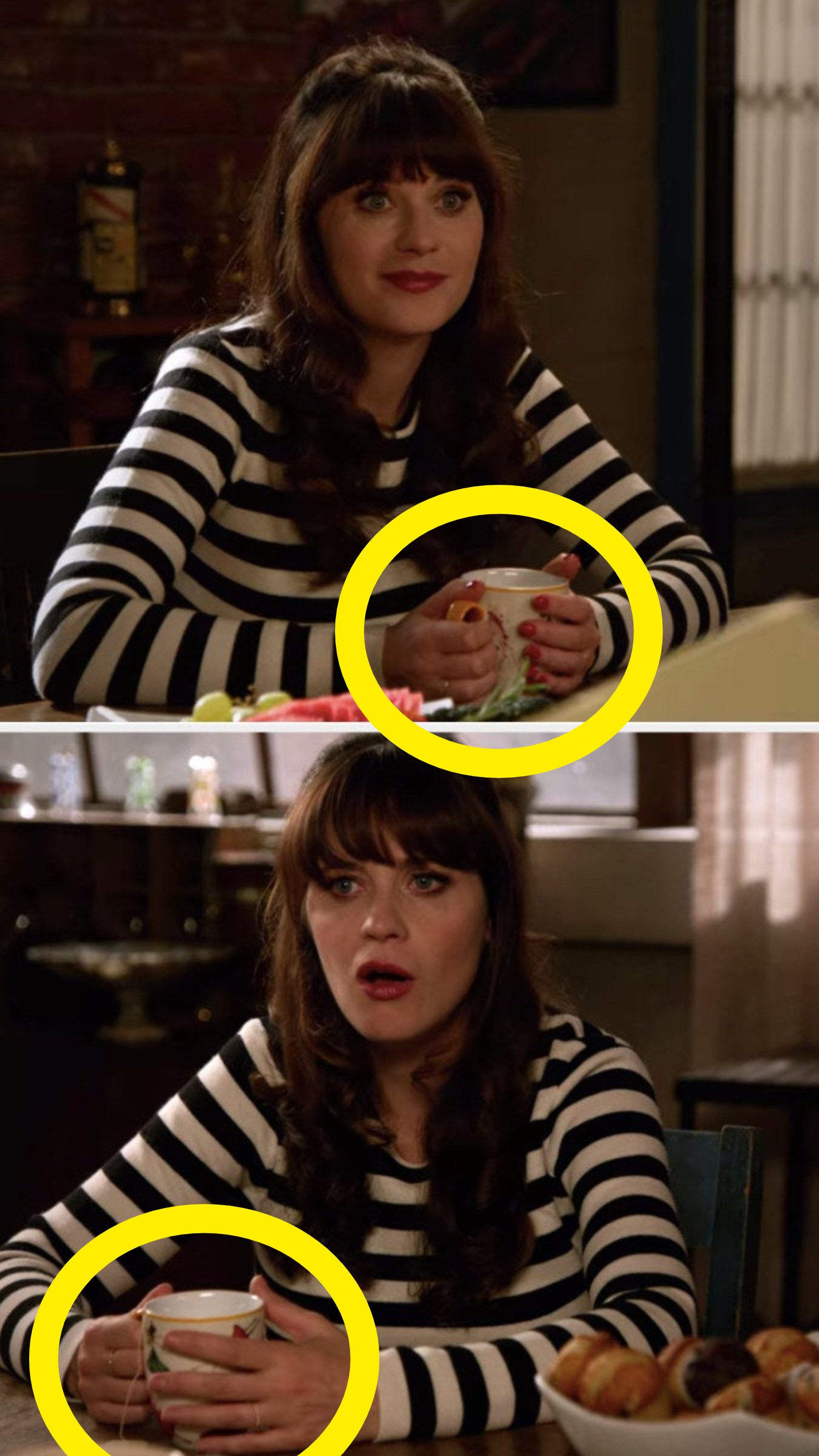 Jess is wearing red nail polish, and in the next shot she has no nail polish