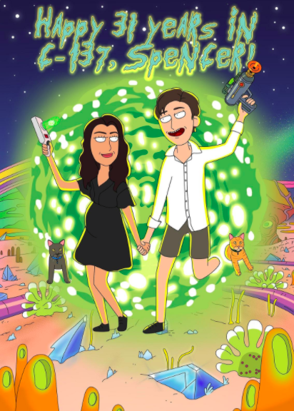 A cartoon portrait of two people done in the style of Rick and Morty