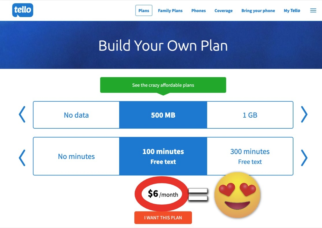 One BYO phone plan option at Tello for $6 a month