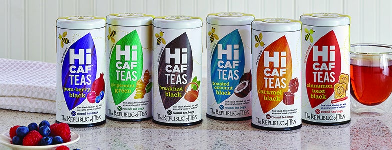 Six tins of hi-caf teas in different flavors