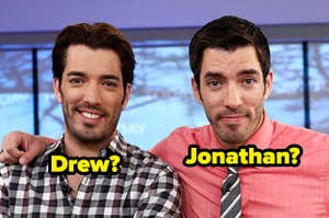 Drew and Jonathan Scott with each others names written over their photos