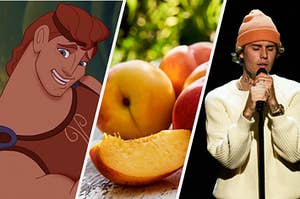 Hercules is on the left with peaches in the center and Justin Bieber singing on the right