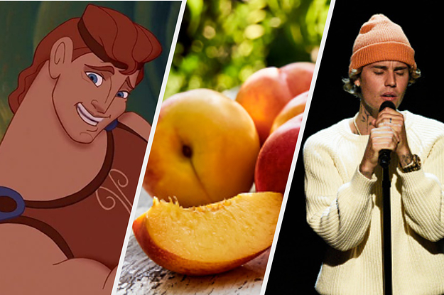 Hercules is on the left with peaches in the center and Justin Bieber singing on the right