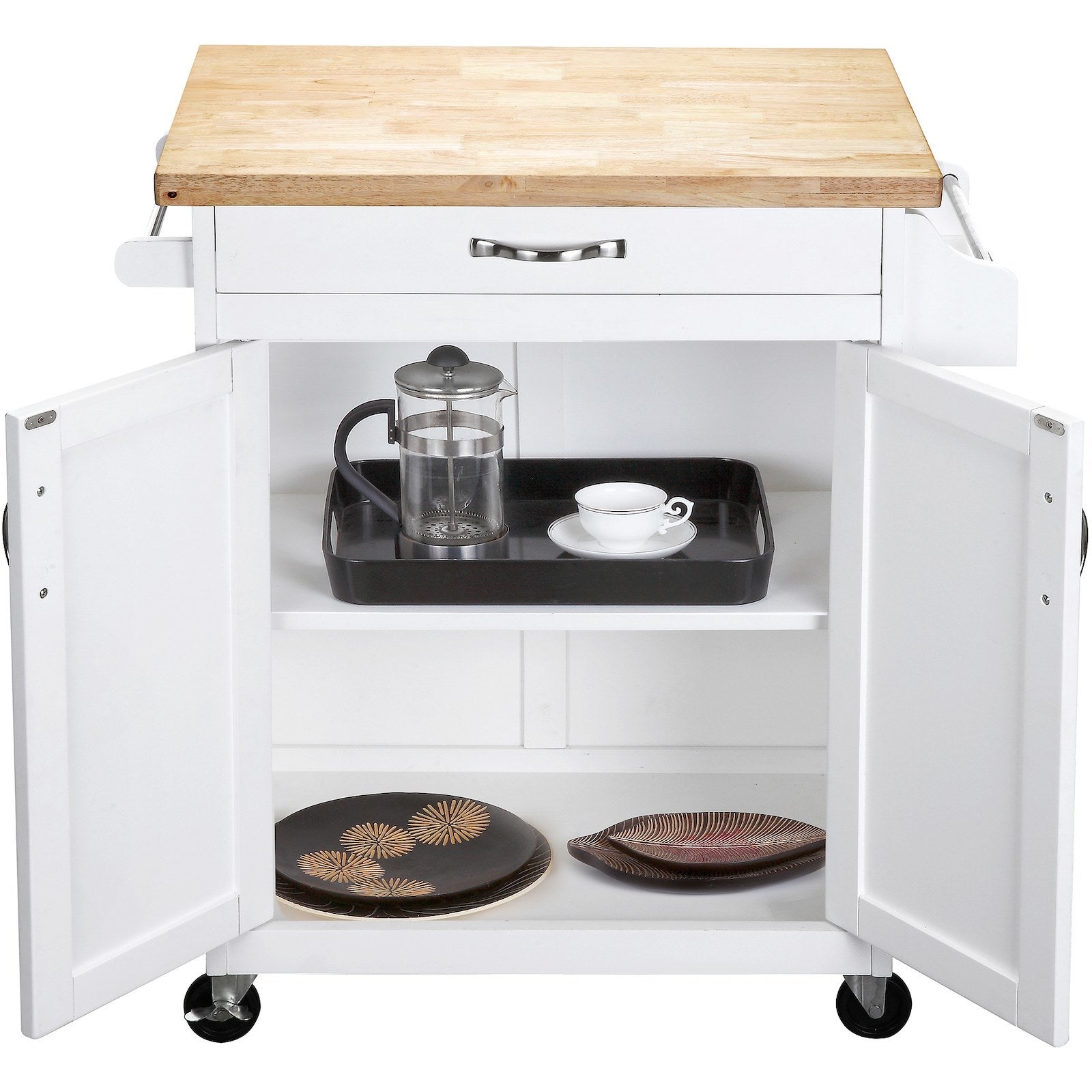 The kitchen island with two interior shelves