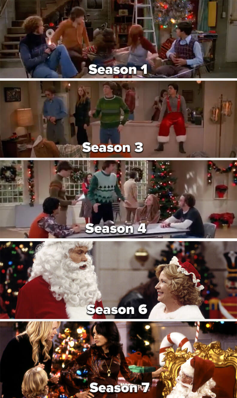 screenshots from the Christmas episodes in Seasons 1, 3, 4, 6, and 7