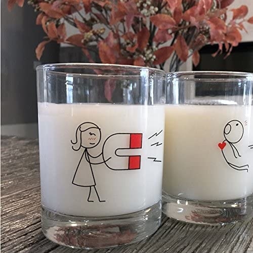 A pair of glasses where one has a graphic of a stick person holding a magnet and the other shows a stick person being pulled by the magnet