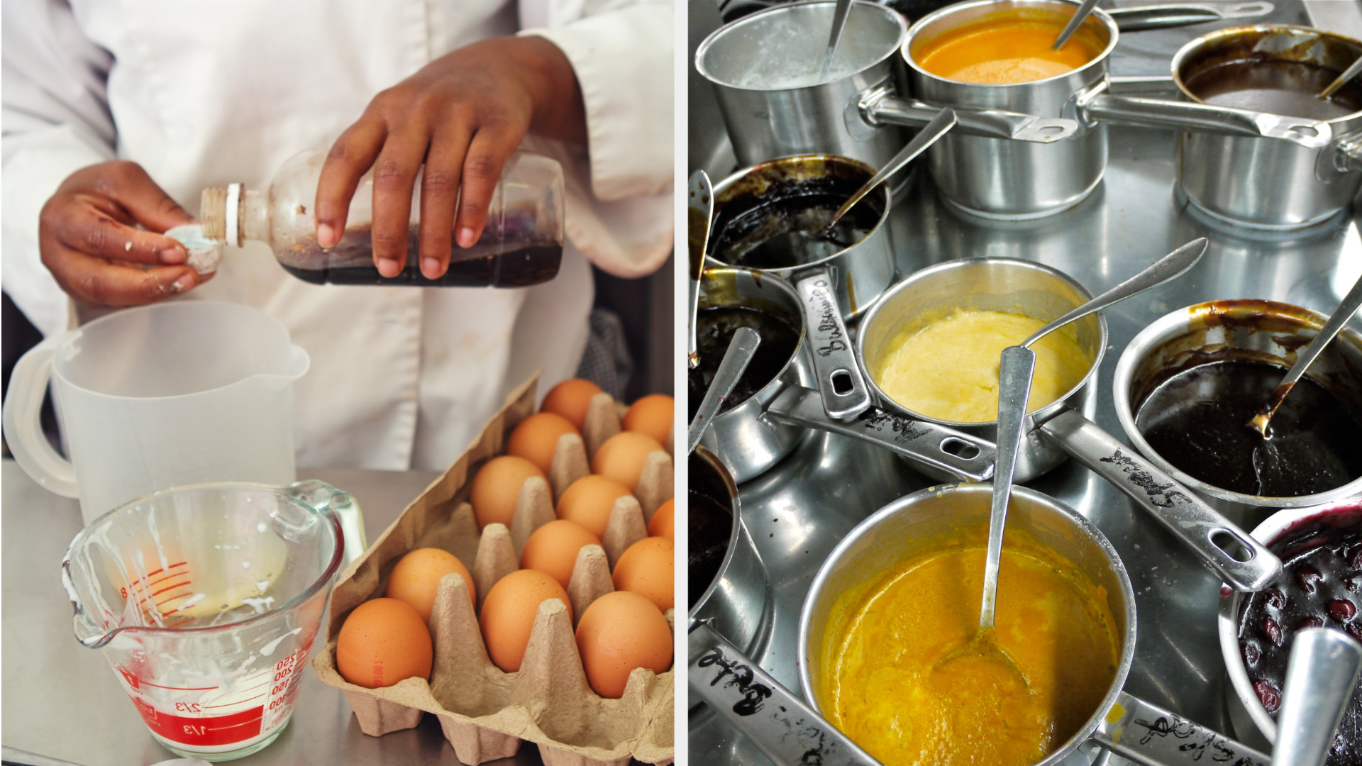 Pastry chef measuring ingredients for a cake; Mise en Place in a German restaurant kitchen