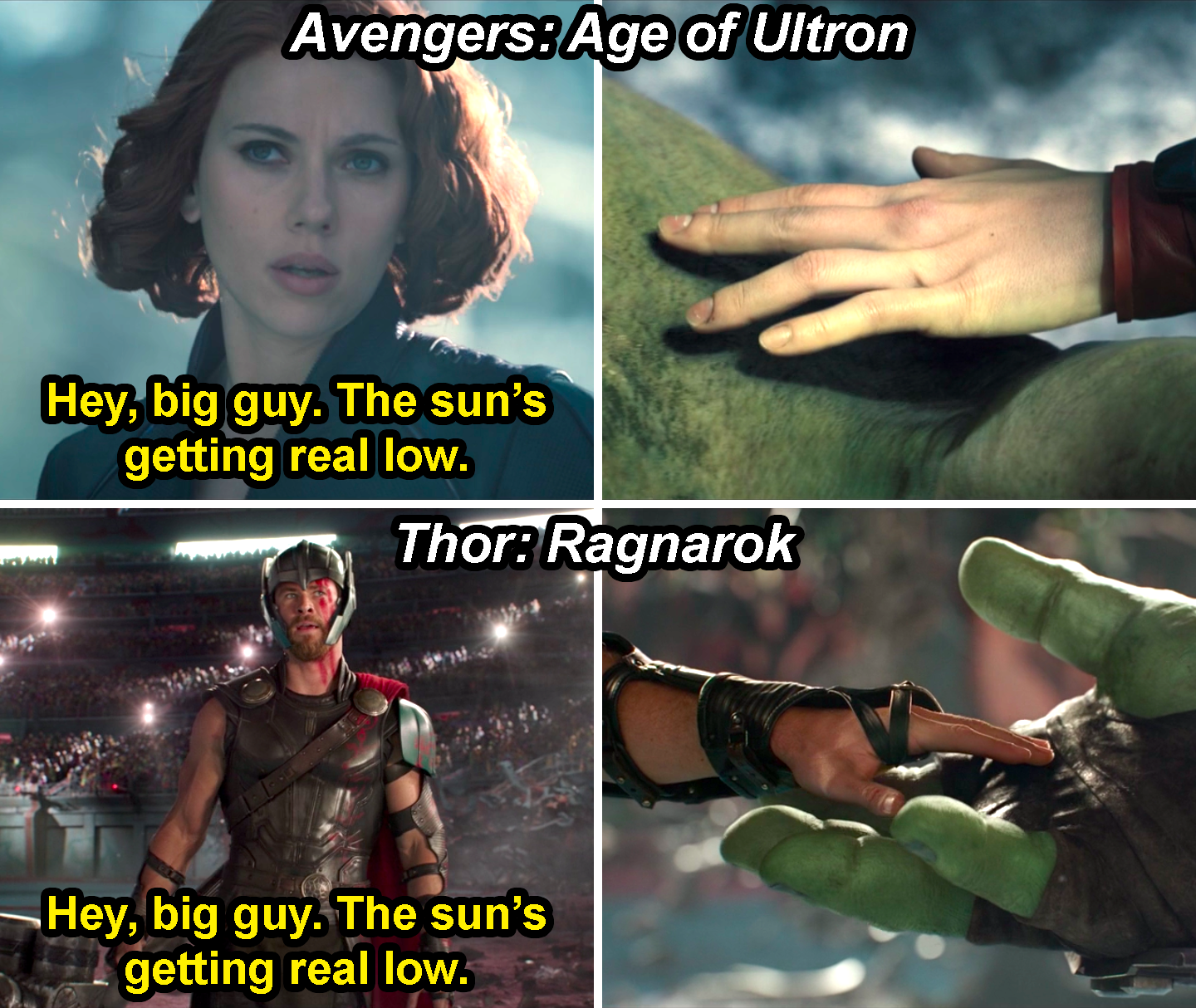 Natasha saying, &quot;Hey, big guy, the sun&#x27;s getting real low,&quot; and touching Hulk&#x27;s hand in Age of Ultron and Thor doing the same thing in Ragnarok