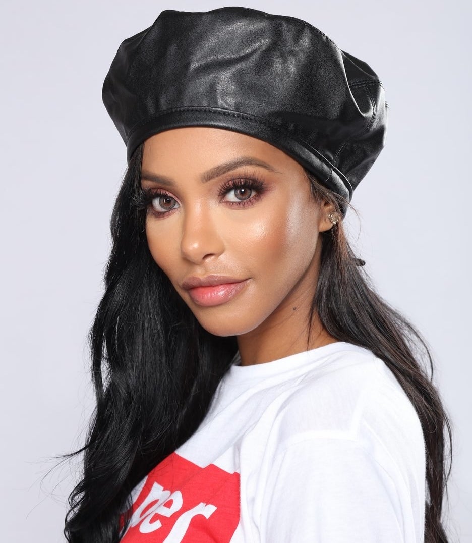 a model wears the Segal Leather Beret