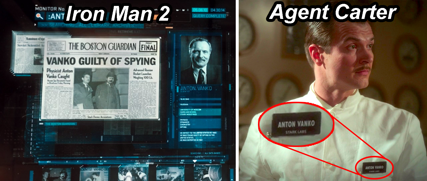 A screen in Iron Man 2 describing Ivan Vanko&#x27;s history, including an espionage conviction, and Anton Vanko in Agent Carter wearing a name tag