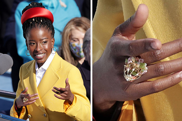 Amanda Gorman reciting her inaugural poem and a close-up of her caged bird ring